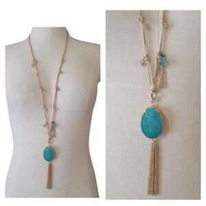 Chico's Faux Druzy Tassel Bead on Cord Long Necklace